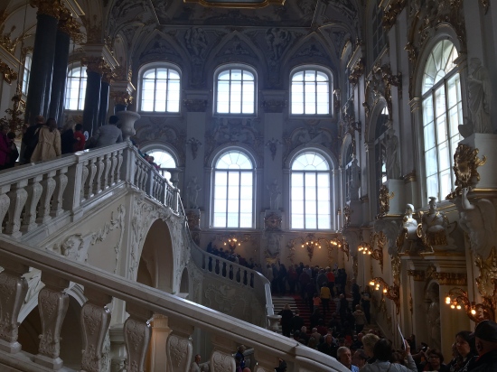 No matter how many times we visit the Hermitage, I don't think I'll get over this grandest of staircases. They call it The Jordan Staircase - Originally built by Bartolomeo Rastreeli, it remains astoundingly magnificent with its gilded wall mouldings, dazzling white marble statues, and an enormous plafond depicting the Greek Gods on Olympus.